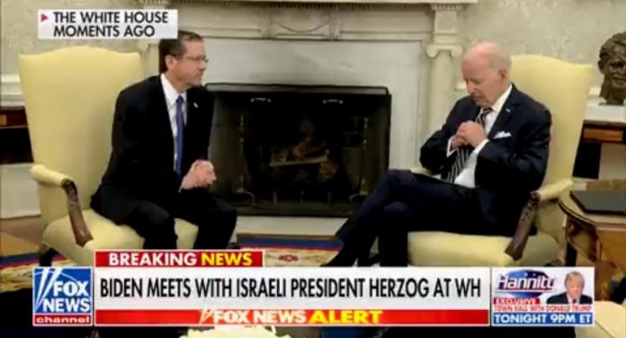 he’s-shot:-joe-biden-hangs-his-head-down-and-mumbles-incoherently-in-meeting-with-israeli-president-herzog-(video)