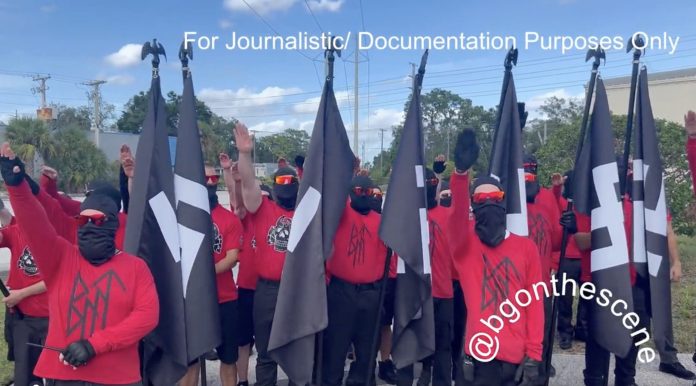 supposed-neo-nazi-groups-‘blood-tribe’-and-‘goyim-defense-league’-chants-‘heil-hitler’-and-display-swastika-flags-while-marching-florida–-laura-loomer-stops-to-confront-them-(video)