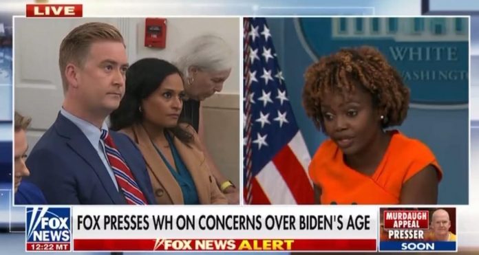 karine-jean-pierre-peeved-after-peter-doocy-asks-why-white-house-staffers-treat-joe-biden-“like-a-baby”-(video)