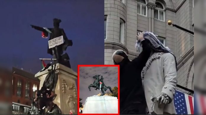 video:-radical-pro-palestinian-protestors-deface-and-vandalize-statues-in-washington-dc–-spray-paint-white-house-fence