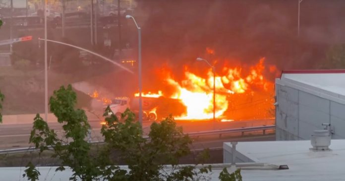 explosive-collision-on-i-95:-petroleum-tanker-truck-carrying-8,500-gallons-of-gasoline-crashes,-ignites-massive-fire