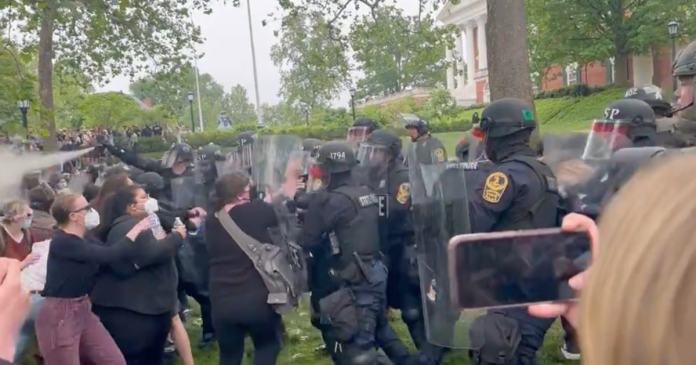 virginia-state-police-completely-riot-gear-pepper-spray-and-tackle-pro-hamas-agitators-at-tantrum-encampment-(video)