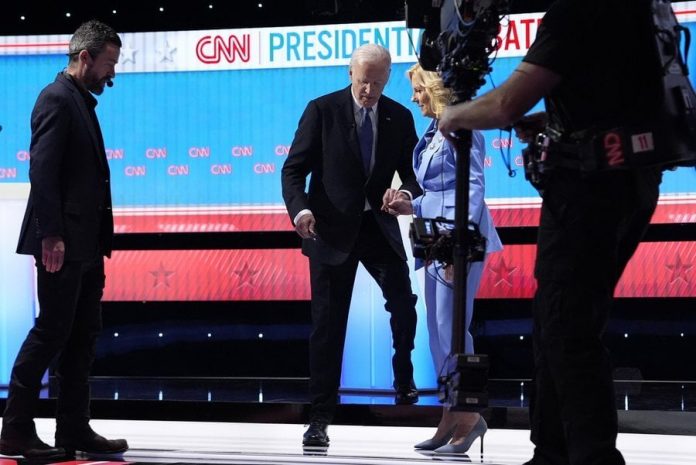 sad-ending:-jill-biden-helps-dementia-joe-off-stage-after-debate-(video)