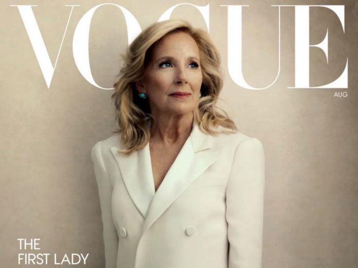 jill-biden-dons-$5,000-silk-tuxedo-dress-on-cover-of-vogue,-asserts,-“we-will-decide-our-future”