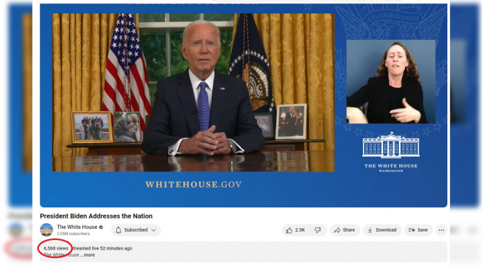 nobody-cares:-joe-biden-drops-out-of-2024-race-in-much-anticipated-address-to-nation-–-only-6,603-people-tune-in-to-white-house-youtube-channel