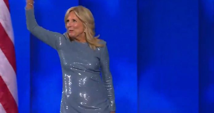 jill-biden-walks-out-on-stage-at-dnc-convention-wrapped-in-a-plastic-trash-bag-(video)