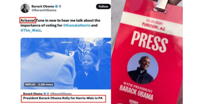 dei-trainwreck?-obama-campaigns-for-harris-and-ruben-gallego-in-tucson,-arizona-but-can’t-figure-out-what-state-he’s-in,-spells-tucson-wrong-on-rally-credentials