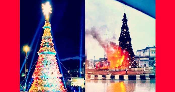 the-road-to-damascus:-huge-christmas-tree-set-ablaze-by-islamic-extremists-in-syria-–-christians-flock-to-the-street-in-protest,-erect-a-cross-in-its-stead!-(videos)