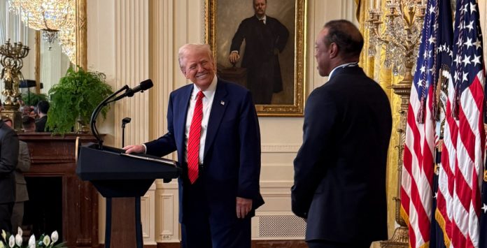 watch:-president-trump-welcomes-golf-legend-tiger-woods-to-white-house-during-black-history-month-reception