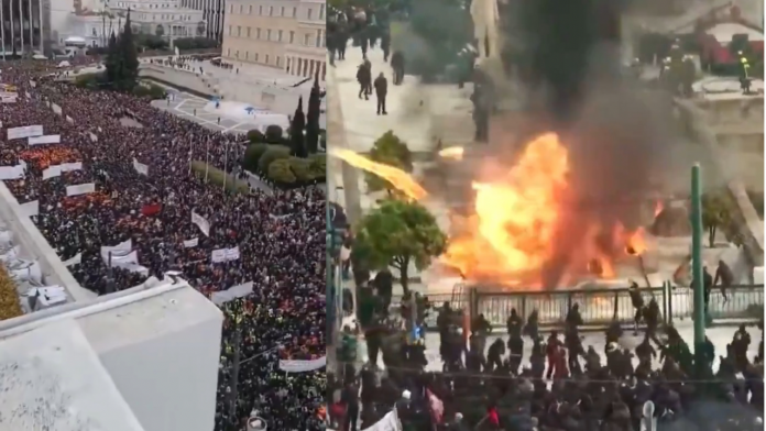 watch:-massive-protests-in-greece,-hundreds-of-thousands-gather-and-throw-petrol-bombs-at-police