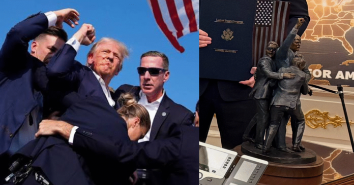 new:-trump-unveils-new-statue-in-oval-office-of-legendary-butler,-pennsylvania-fight-stance-after-bloody-assassination-attempt