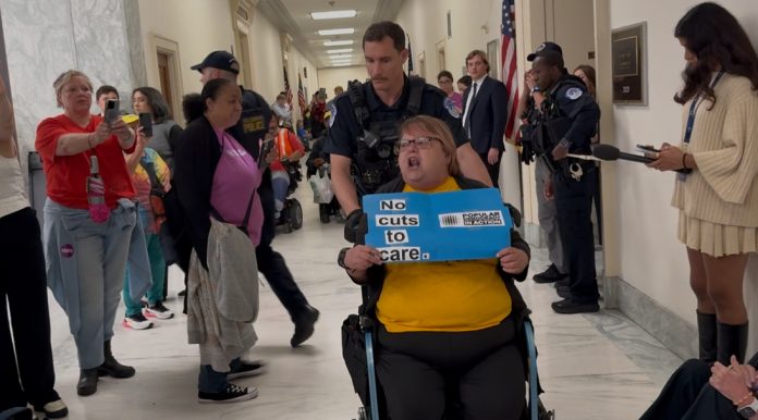 “this-is-the-holocaust-all-over-again”-—-disabled-protester-with-soros-backed-group-screams-“they-want-to-kill-the-disabled”-as-she-is-arrested-for-obstructing-house-hearing