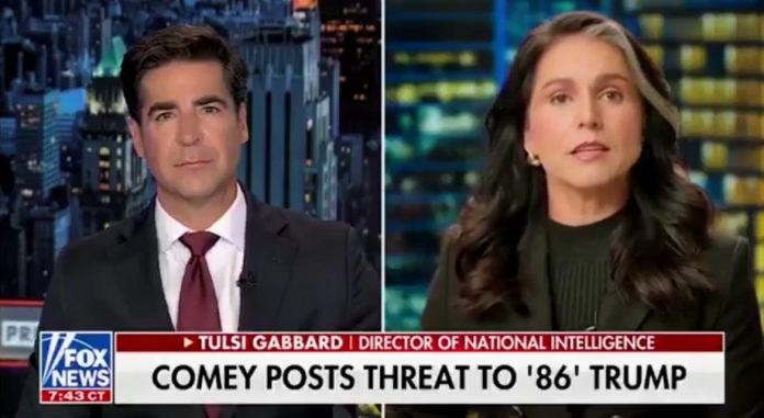 odni-tulsi-gabbard-calls-for-james-comey-to-be-put-behind-bars-over-trump-assassination-post-(video)